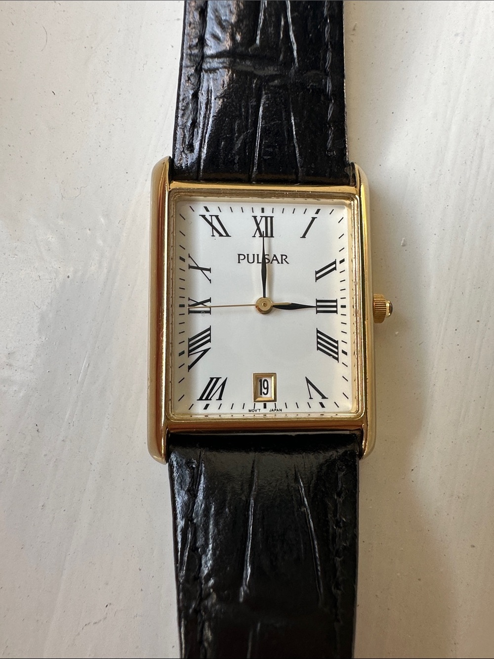 Pulsar Gold-Tone Rectangular Tank Watch with Black Strap, date, Roman numerals